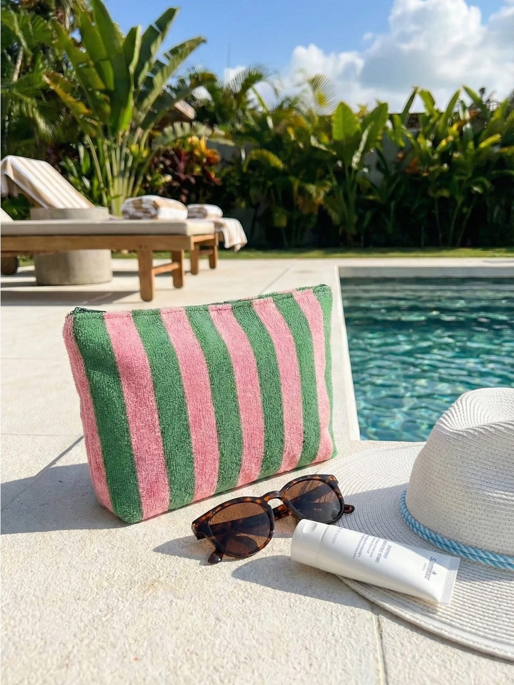 NWT Pink/Green Striped Canvas Zip Pouches 11" x 7" x 2"